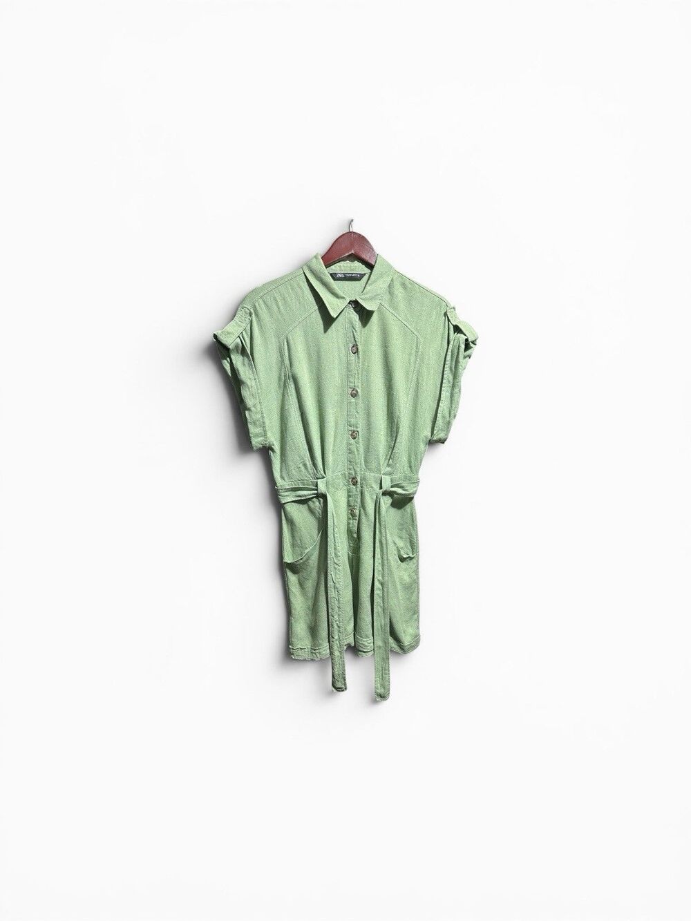 Zara Linen Romper Women's Small Green Utility Belt Coastal Beach Shortalls